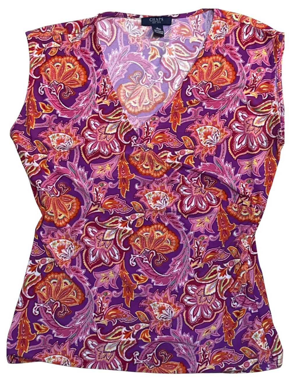 Chaps Paisley Sleeveless Faux Wrap Top Purple Pink Orange Floral •Size L• - Picture 7 of 10